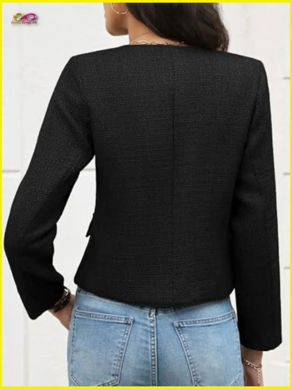 Cropped Tweed Blazer Collarless Button Down Jacket Business Casual Lightweight